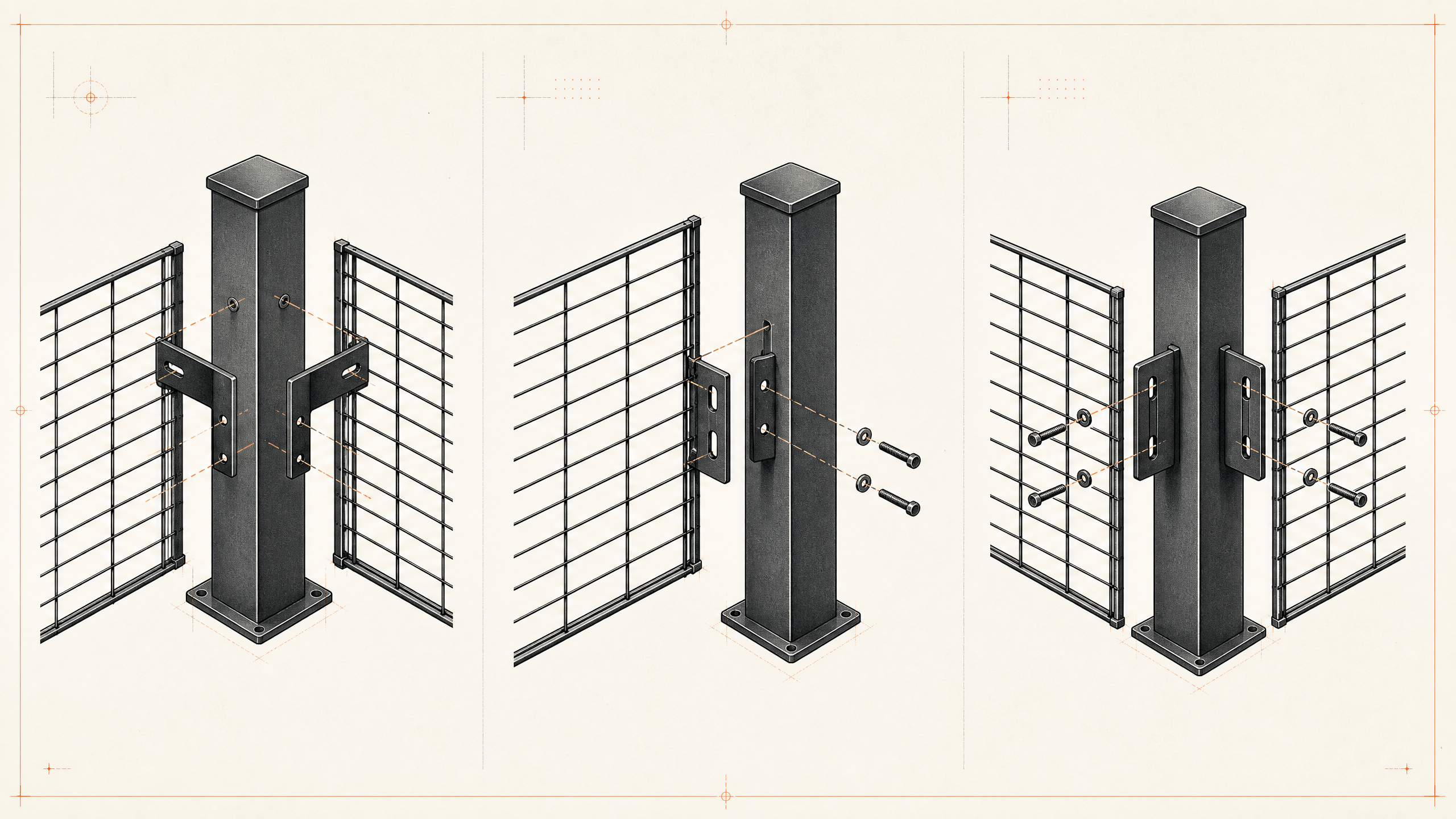 Technical concept showing wire fence bracket conditions