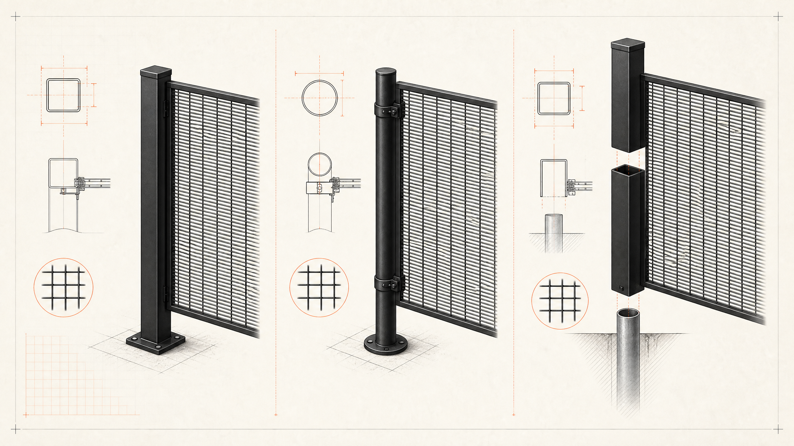 Technical concept showing Malden wire fence post options